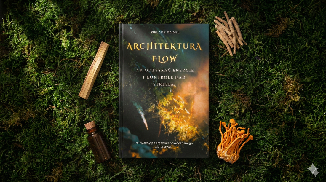 Nagłówek bloga Forest Flow: E-book Architektura Flow otoczony przez adaptogeny i Palo Santo na mchu.