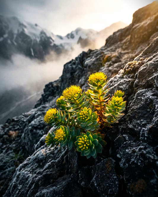 Suplement na stres i brak energii: wysokiej jakości, standaryzowany ekstrakt z różeńca górskiego (Rhodiola Rosea) w naturalnej, leśnej scenerii.