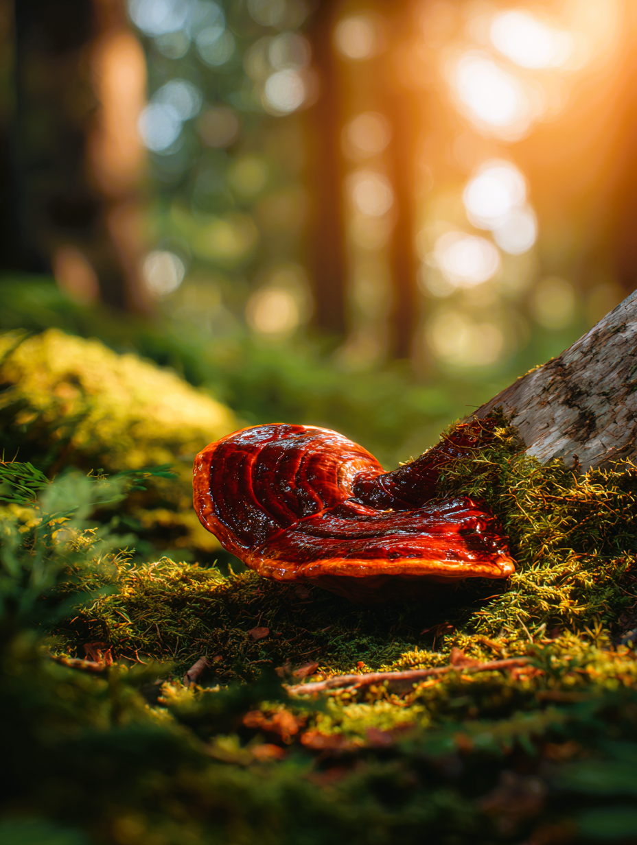 Ekstrakt z grzyba Reishi (Ganoderma Lucidum) wspierający wyciszenie układu nerwowego i głęboki sen na tle natury.