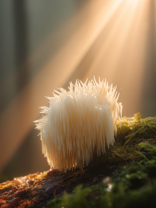 Biała Soplówka Jeżowata (Lion's Mane) na zielonym mchu, oświetlona jasnym promieniem słońca w lesie.