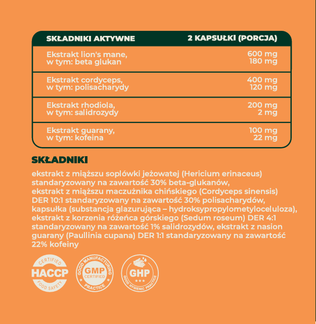 Etykieta Forest Flow START — skład i dawkowanie, ekstrakt Lion's Mane 600 mg, Cordyceps 400 mg