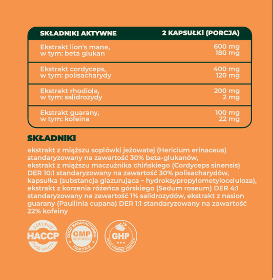 Etykieta Forest Flow START — skład i dawkowanie, ekstrakt Lion's Mane 600 mg, Cordyceps 400 mg