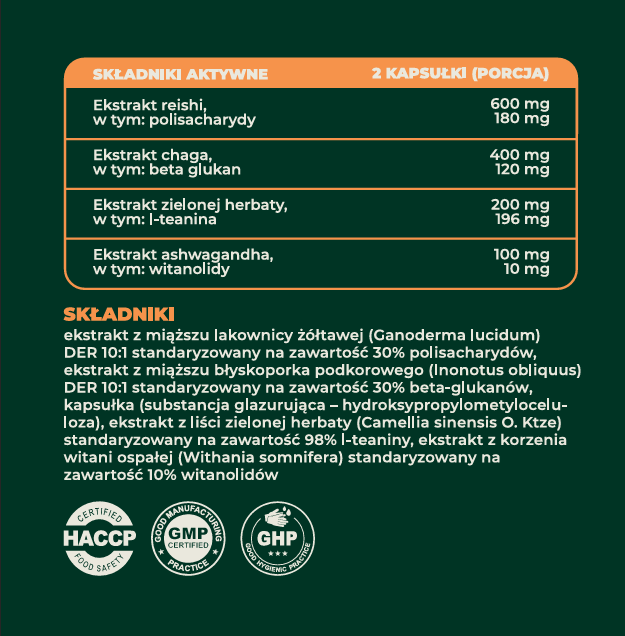 Etykieta Forest Flow RESET - skład i dawkowanie, Reishi 600 mg, L-teanina 98%, Ashwagandha 10% witanolidów